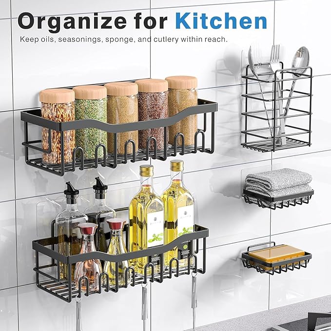 EUDELE 5-Pack Rustproof Stainless Steel Shower Caddy Set– No Drill Adhesive Bathroom Organizer, Space-Saving Shower Shelves for Apartment Essentials, Bathroom/Kitchen Storage Home Decor-L Size