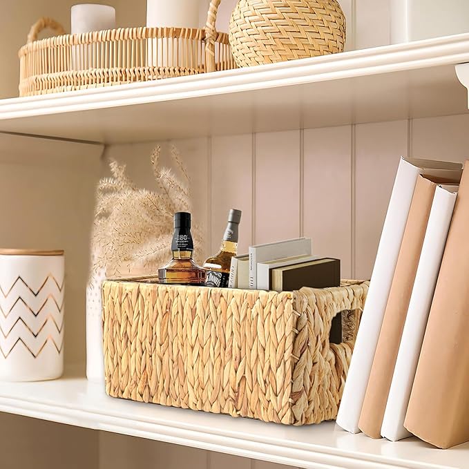Greenatural Water Hyacinth Storage Baskets Set of 2, Handwoven Rectangular Organizer Trays with Built-in Handles in 2 Sizes, Nested Wicker Bins for Shelf, Bathroom, Kitchen, Office, Natural Decor