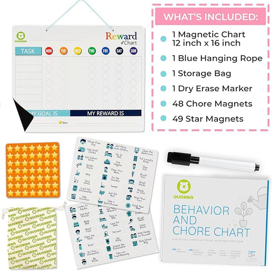 QUOKKA Magnetic Behavior Chore Chart for Kids at Home - Gift Reward Visual Schedule Chart - Dry and Erase Routine and Responsibility - Use 48 Magnets & 49 Stars - from Toddlers to Teens