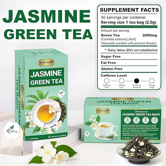 LeafLea 80 Jasmine Green Tea Bags, Green Tea with Natural Jasmine Aroma, Light Focus & Daily Balance, Delicate Floral and Smooth Taste, Caffeinated, Sugar-Free, Non-GMO, Vegan, Individually Wrapped