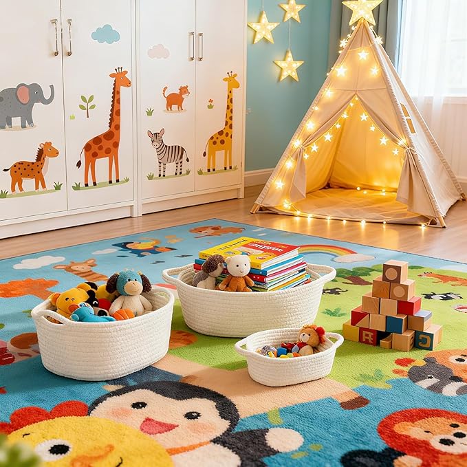 5-Piece Storage Shelf Basket Set, Natural Cotton Rope Woven Basket with Handles, Decorative Rectangle Organizer Bin for Home, Nursery, Montessori, Pet Toy Storage and Bathroom Organization, White