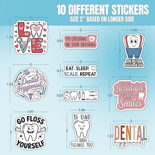 10pcs Dental Hygiene Sticker Sheet, Cute Vinyl Decals for Dental Hygienists, Office Staff, Oral Health Advocates, Waterproof, UV-Resistant, for Laptop, Water Bottle, Journal, Notebook, Clipboard