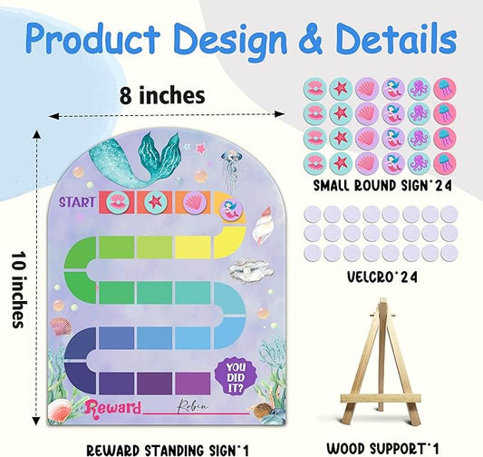 Mermaid Theme Reward Wooden Chart, Behavior Reward Charts, Incentive Responsibility Chart for Girls Kids Toddlers Chore Homework Good Habits Assignments Attendance, 03