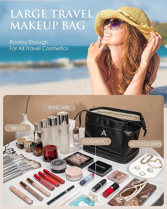 Personalized Gifts, Initial Makeup Bag, Personalized Double Layer Cosmetic Bag with Makeup Brush Organizer, Large Capacity PU Leather Travel Toiletry Bag Bride Gifts, Bridal Party Gifts