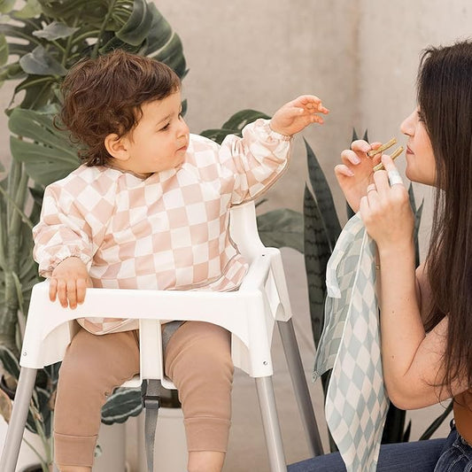 Tiny Twinkle Long Sleeve Bib for Babies & Toddlers – Waterproof Smock Bib for Eating – Machine Washable & Mess-Proof, Baby Feeding Essential & Shower Must-Have(Checkers Brown, 6–24M)