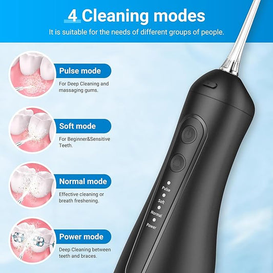 Portable Water Flosser for Teeth - 4 Modes Cordless Oral Irrigator with 300ML Tank, 360° Rotating Nozzle, 4 Jet Tips, Rechargeable, IPX7 Waterproof, Low Noise Gravity Ball Design (M159 - Black)