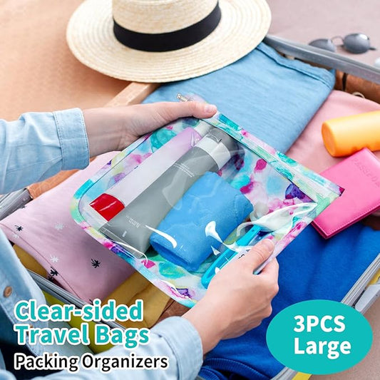 TSA Approved Toiletry Bag, Set of 3 Clear Travel Toiletry Bag Quart Size Zipper Travel Pouch, Waterproof Makeup Cosmetic Bag for Women Men Kids Toiletries Carry on, Watercolor Large