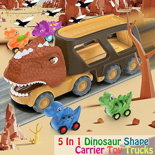Veslier Dinosaur Car Toy for 2 3 4 5 Years Old Boys, Friction Power Carrier Truck with 4 Pack Small Pull Back Dino Car, Christmas Birthday Gift for 18+ Months Boy Girl Kids Toddlers