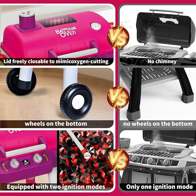 Kids Kitchen Toy Set, Kids BBQ Grill Playset with Smoke Sound Light, 2-Layer Barbecue Toy with Wheel, Simulation Cooking Interactive Toys, Kid Kitchen Playset, Christmas Birthday Gift for Boys Girls