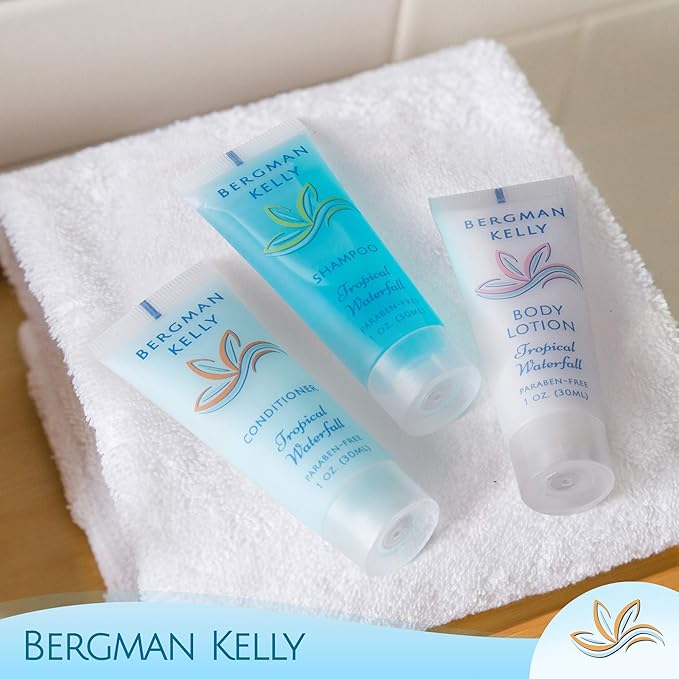 Bergman Kelly Hotel Toiletries Bundle (Tropical Waterfall, 1 oz each, 40 Pcs) 4-Piece Set: 10 Rectangular Bar Soap, 10 Shampoo, 10 Conditioner & 10 Body Lotion - Bulk Mini Guest Amenities Supply