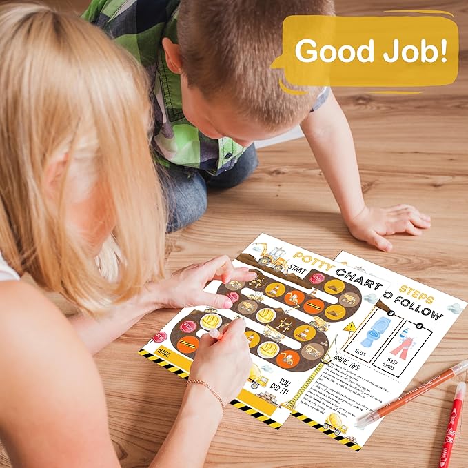 Potty Training Chart, 10 Potty Training Reward Chart for Toilet Success, 8"x10" Construction Routine Calendar with Stickers for Toddler Boys - A02