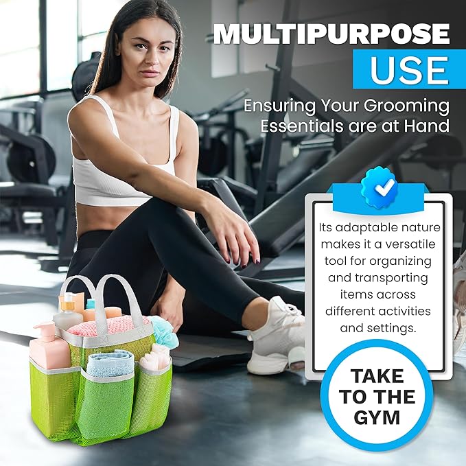 Handy Laundry Mesh Shower Caddy - 7 Pocket Portable Bathroom Organizer Tote for Travel, Gym & Dorm - Collapsible Small Shower Caddy Bag to Hold Toiletries & Essentials (Green)