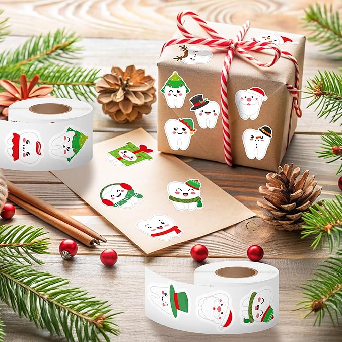 CJiangpo 1000Pcs Christmas Tooth Stickers - 2 Rolls Cute Xmas Dental Teeth Fairy Sticker Decals for Laptop Water Bottle Scrapbook DIY Crafts, Christmas Party Decoration Gift for Kids Dentist Schools