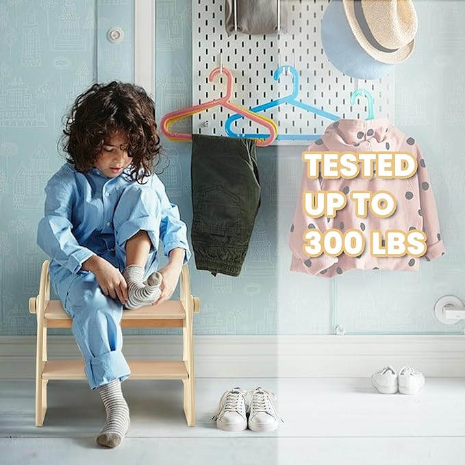 Wooden Step Stool, 300 lb. Load Capacity, with Safety Non-Slip Pads and Handles, Bamboo Step Stool for Bathroom and Kitchen, Gift for Christmas (Log Color)