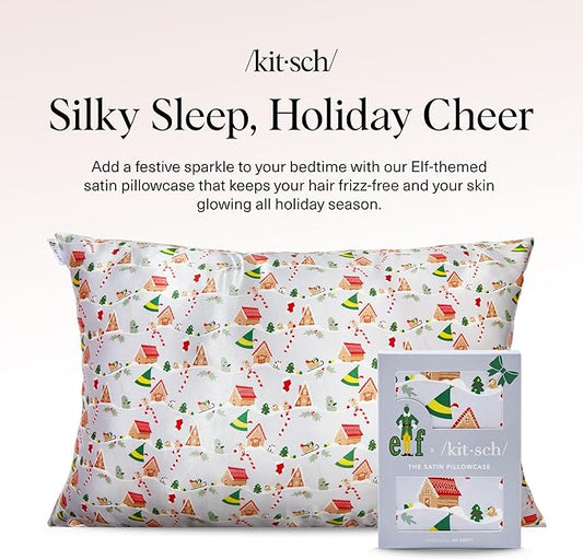 Kitsch x Elf Periwinkle Christmas Satin Pillowcase with Zipper for Hair & Skin, Softer Than Silk Pillow Cases Queen, Wrinkle-Free, Smooth and Cooling Satin Pillow Covers, Queen/Standard Size (19x26)