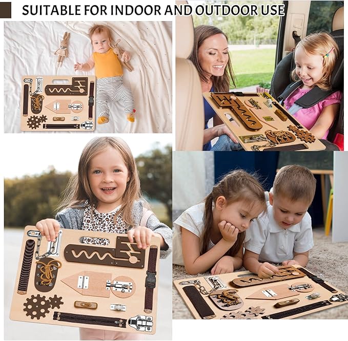 Montessori Busy Board for Toddlers, Wooden Sensory Toys, Preschool Learning Activities for Fine Motor Skills Travel Toy, Basic Life Skills Educational Gifts for 1, 2, 3 Years Old Kids Boys Girls