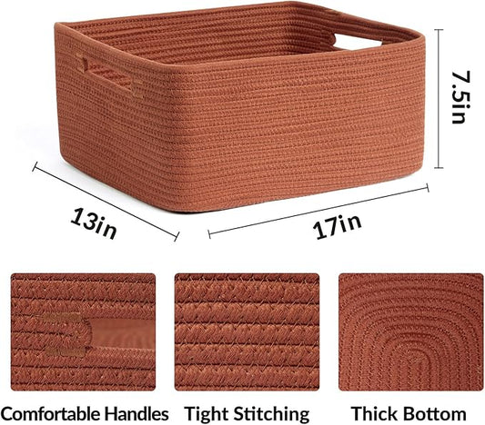 Large Storage Baskets for Shelves, Closet Organizers Bins for Clothes Blanket Towels, Baby Nursery, Toy Baskets Box, Woven Rope Baskets, 17 x 13 x 7.5”, 2 Packs Oxide Red