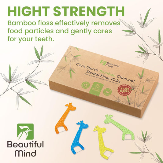 Dental Floss Picks for Kids 75 Pack – Unflavored, No Fluoride Oral Tooth Flossers – Biodegradable Flossing Sticks with Charcoal Infused Thread – Giraffe Toothpick for Toddler Teeth – Travel Case Size