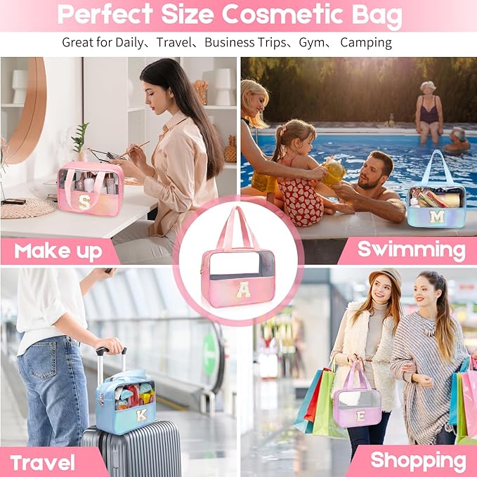 Personalized Initial Clear Makeup Bag Pink Cosmetic Bag Set Large Travel Toiletry Bag, Cute Clear Make Up Bags Organizer Bag for Girlfriend Teacher Gifts Teen Girl Gifts Trendy Stuff M (Pink)