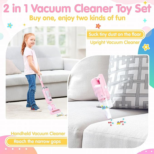 Kids Vacuum Cleaner Toy Set for Toddlers - 2PCS Toy Vacuum Sets for Toddlers 3+ Toddler Vacuum Toy That Works with Sound Effects, Baby Play Vacuum Pretend Role Play Household Housekeeping