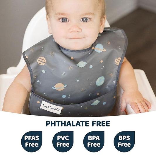 Tiny Twinkle Mess-Proof Baby Bibs for Eating | Waterproof, Wipeable Toddler Bibs with Catch-All Pocket | Feeding Bibs for Girls & Boys(3 Pack, Space)