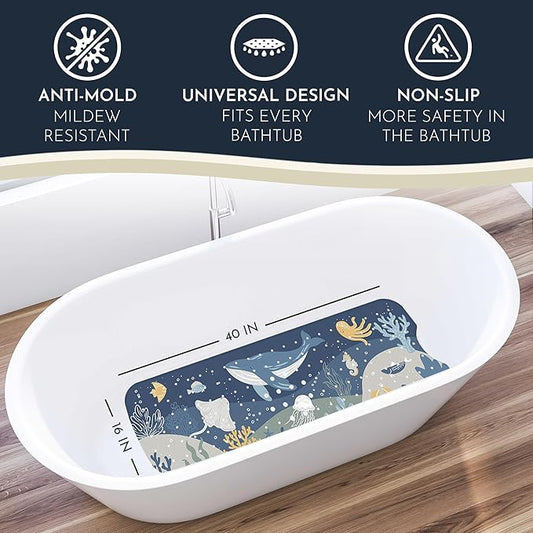 Homerella Baby Bath Tub Mat | Anti Mold Mildew Resistant Non Slip Kids and Adult Bath Tub Shower Mats | 40x16 inch Long with Suction Cups for Secure Grip Hooks for Storage & Drying | Machine Washable