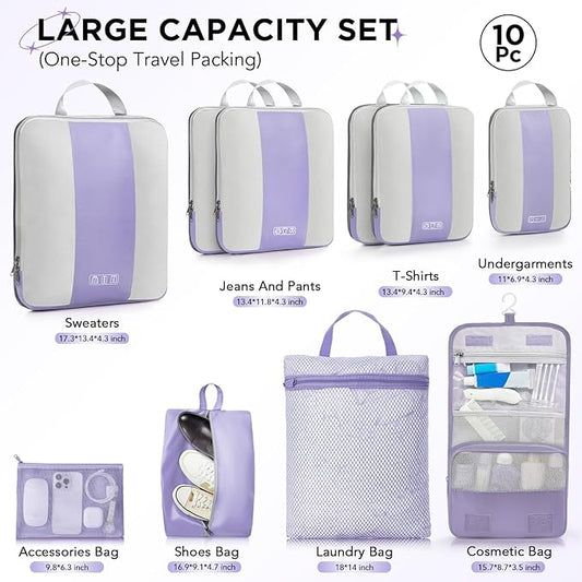10 Set Compression Packing Cubes for Travel Essentials,Compressible Expandable Packing Cubes for Suitcase,OlarHike Luggage Organizer Bags for Travel,Handy Helper for Organizing Clothes(Purple Gray)
