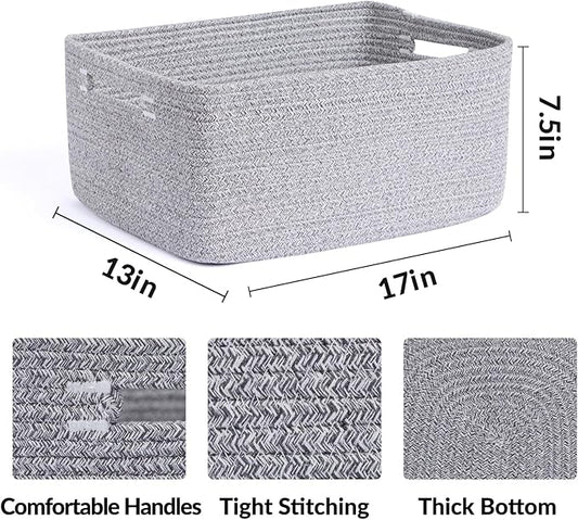 Large Storage Baskets for Shelves, Closet Organizers Bins for Clothes Blanket Towels, Baby Nursery, Toy Baskets Box, Woven Rope Baskets, 17 x 13 x 7.5”, 2 Packs Mixed Grey