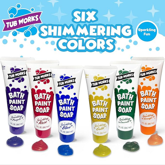 Tub Works® Bath Paint Soap Bath Toy, Shimmer 6 Pack | Non-Toxic | Washable Bathtub Paint for Finger Painting on Tub Walls | Ideal Toddler Bath Toys for Creative Play | Easy to Clean, Fun Paint Soap