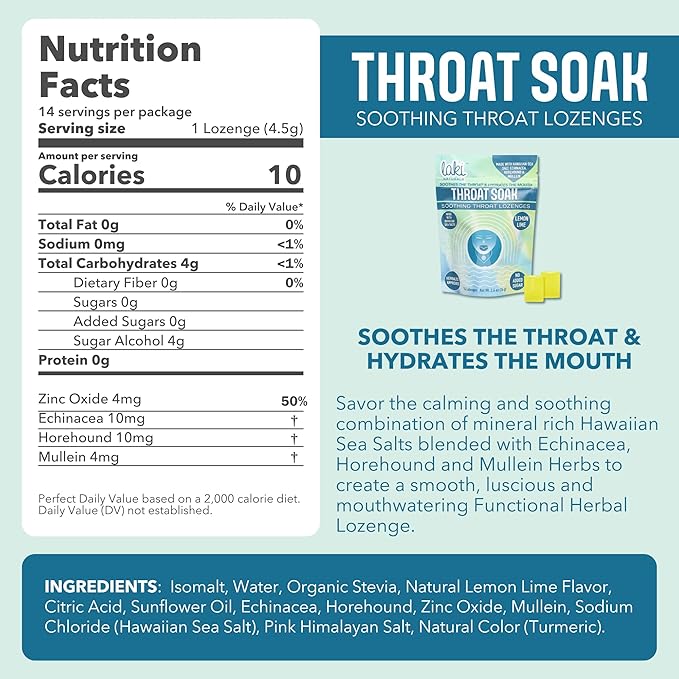 Laki Naturals Throat Soak Herbal Throat Lozenges (2 Pack) – Hawaiian Sea Salt Sore Throat & Dry Mouth Soothing Drops – Vegan, Non-GMO, Sugar-Free & Gluten-Free Sweet and Salty Herbal Candies