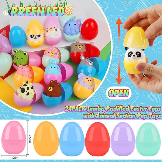 24 Pack Prefilled Easter Eggs with Animal Pop Toys, Filled Easter Eggs for Egg Hunt, Easter Basket Stuffers for Kids,Easter Party Favors Prizes, Prefilled Easter Eggs with Toys