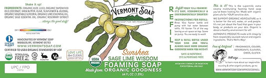 Vermont Soap Organic Sage Lime Wisdom Foaming Hand Soap - Natural Moisturizing Soap for Dry Skin - Fragrance Free Liquid Bathroom Hand Soap - Sage Lime Wisdom - 64 oz
