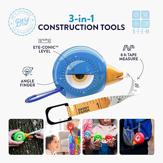 Handy Famm 8ft Blue Bird Tape Measure for Kids – STEM Educational Tool with Level, Protractor, Retractable Design - DIY Construction Toy, Child-Safe Measuring Tapes, Gift for Boys & Girls 3+
