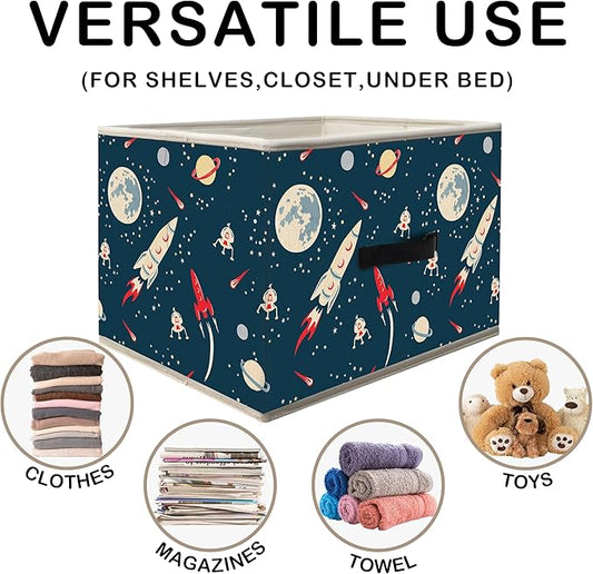 Nogrit Space Airship Rocket Storage Bins Box, Toybox for Boys, Outer Space Cosmic Foldable Baskets Organizer Container with Handles for Kids Boys Bedroom Bathroom Clothes Toys Books