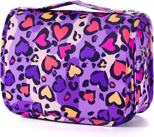 Kids Hanging Toiletry Bag for Girls, Travel Toiletry Bag for Little Young Girls Cosmetic Makeup Waterproof Wash Bag Toddler Traveling Toiletries, Leopard Purple