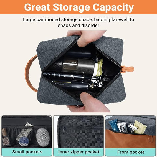 Elviros Travel Toiletry Bag for Men, Hanging Toiletries Bag Water Repellent Dopp Kit PU Leather Travel Bag for Toiletries Accessories, Navy Blue