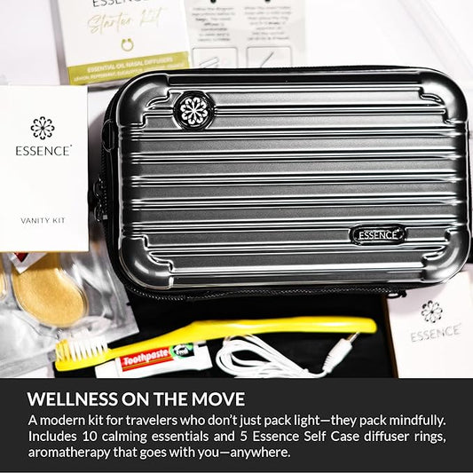 Essence Travel Amenity Kit - Compact Wellness Organizer with 5 Nasal Diffusers + 9 Traveler Comfort Essentials for Flights, Hotels & Adventures - Wearable Aromatherapy Self-Care On the Go