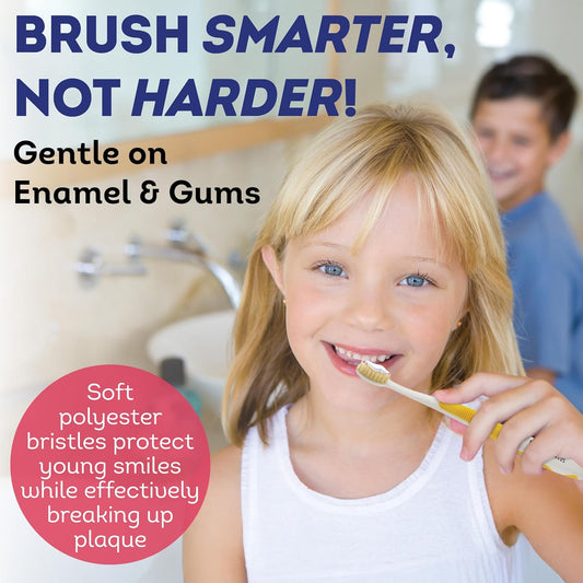 MOUTHWATCHERS Soft Childrens Flossing Manual Toothbrush, Value Pack of 4, Yellow Toothbrushes for Kids & Teens, Ultra Clean, by Dr. Plotka's