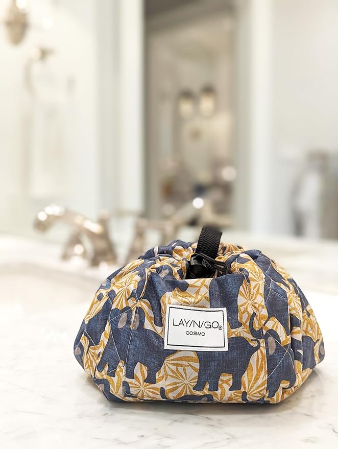 Lay-n-Go Cosmo Layflat Drawstring Cosmetic & Makeup Bag Organizer - Portable Drawstring Bag w/Zipper Pocket, Makeup Loops & More - Durable, Machine Washable Costmeic Bag for Travel (20", Elephants)