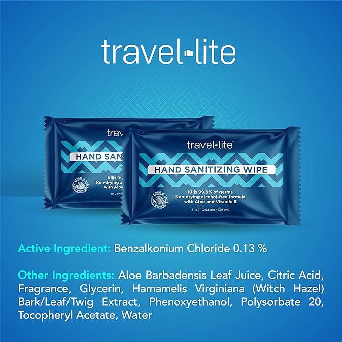 Travel Lite Alcohol-Free Hand Wipes with Aloe Vera and Vitamin E, Fresh Scent 200ct Individually Wrapped Travel Essentials Wipes for Adults and Kids