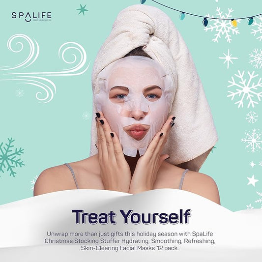 SpaLife Beauty Stocking Stuffers Christmas Face Mask Bundle | Korean Facial Masks | Hydrating, Smoothing, Refreshing and Clarifying Sheet Mask Set | Christmas Stocking Stuffers for Women | 12 Pack