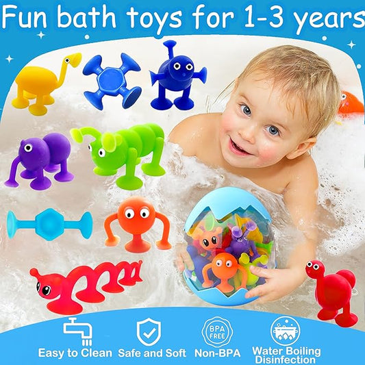 Suction Bath Toys for Kids Age 1-3 3-5, Suction Cup Bathtub Toy Mold Free Party Favor Goody Prize With Eggshell Storage Toddler Silicone Water Table Sensory Travel Window for 2 3 4 5 Year Old Boy Girl