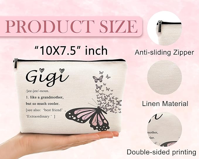 kdqua Gigi Butterfly Makeup Bag, Best Gigi Gifts for Christmas Birthday from Grandkids, Grandma Gifts from Granddaughters Grandsons Cosmetic Bags Zipper Pouch Travel Organizer Toiletry Bag