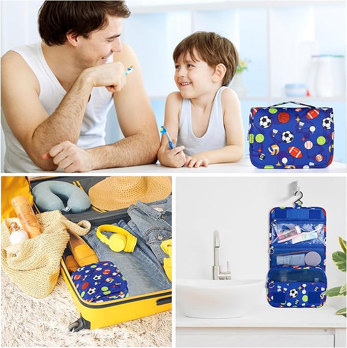 Kids Hanging Toiletry Bag for Boys, Travel Toiletry Bag for Little Young Boys Waterproof Wash Bag Toddler Traveling Toiletries, Soccer Balls Blue