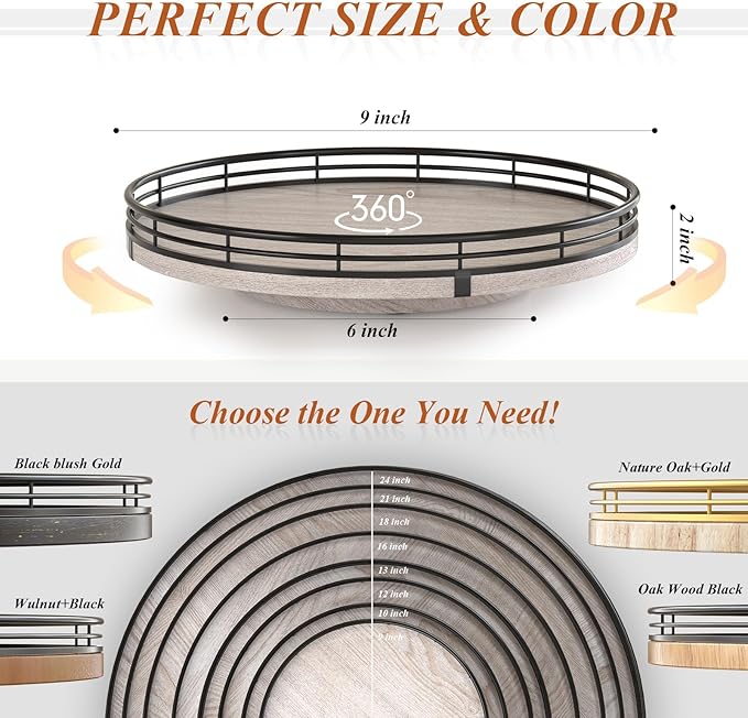 9" Wooden Lazy Susan Organizer for Cabinet, Turntable Round Decorative Tray for Kitchen Sink, Countertop Organizer, Bathroom Counter Organizer for Skincare Makeup, Rustic Whitewashed