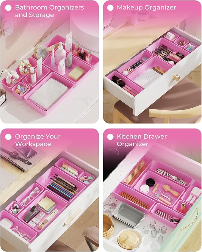 25 PCS Plastic Drawer Organizers Set, 4-Sizes Vanity and Makeup Organizer, Desk and bathroom Drawer Organizer Trays, Organizers and Storage for Makeup, Jewelry, Gadgets, Utensils(Light Purple)