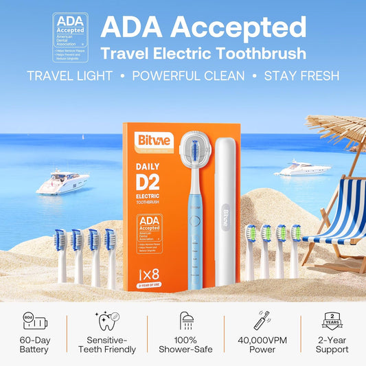 Bitvae ADA Accepted Electric Toothbrush, Travel Toothbrush Rechargeable for Adults and Kids, 60-Day Battery, 5 Modes, 8 Heads, Portable Travel Case & Holder, Sky Blue