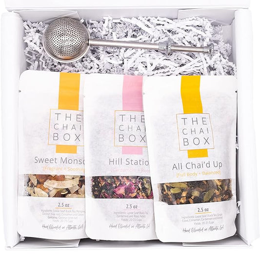 The Chai Box Top Selling Loose Leaf Tea Gift Set - Featured in Oprah's Favorite Things | 3-Flavor Caffeinated Chai Tea Gift Box with Stainless Steel Steeper (3 Pack) | Small Batch Loose Leaf Tea with Whole, Premium Spices