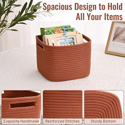 3 Pack Cube Storage Bin, 9”x9”x7” Cotton Rope Woven Baskets for Organizing Toys Clothes Towels, Square Gift Storage Baskets for Shelf, Nursery, Closet, Bathroom, Pantry (Red)