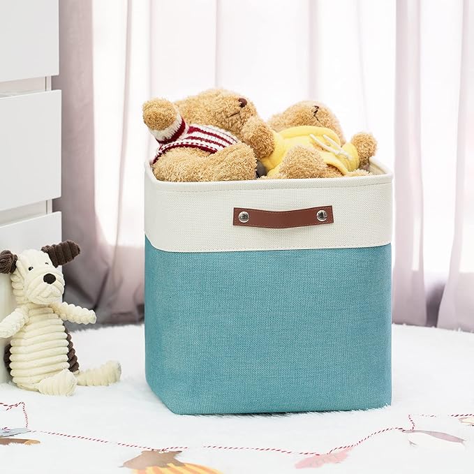 HNZIGE Foldable Storage Cubes & Baskets (3 Pack) - 13 Inch Storage Bin with Leather Handles for Toys, Clothes, Kids, Closet (White & Teal)